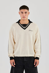 Knitted Cernucci Long Sleeve Polo - White