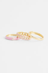 3 Pack Mixed Pink Enamel Rings - Gold