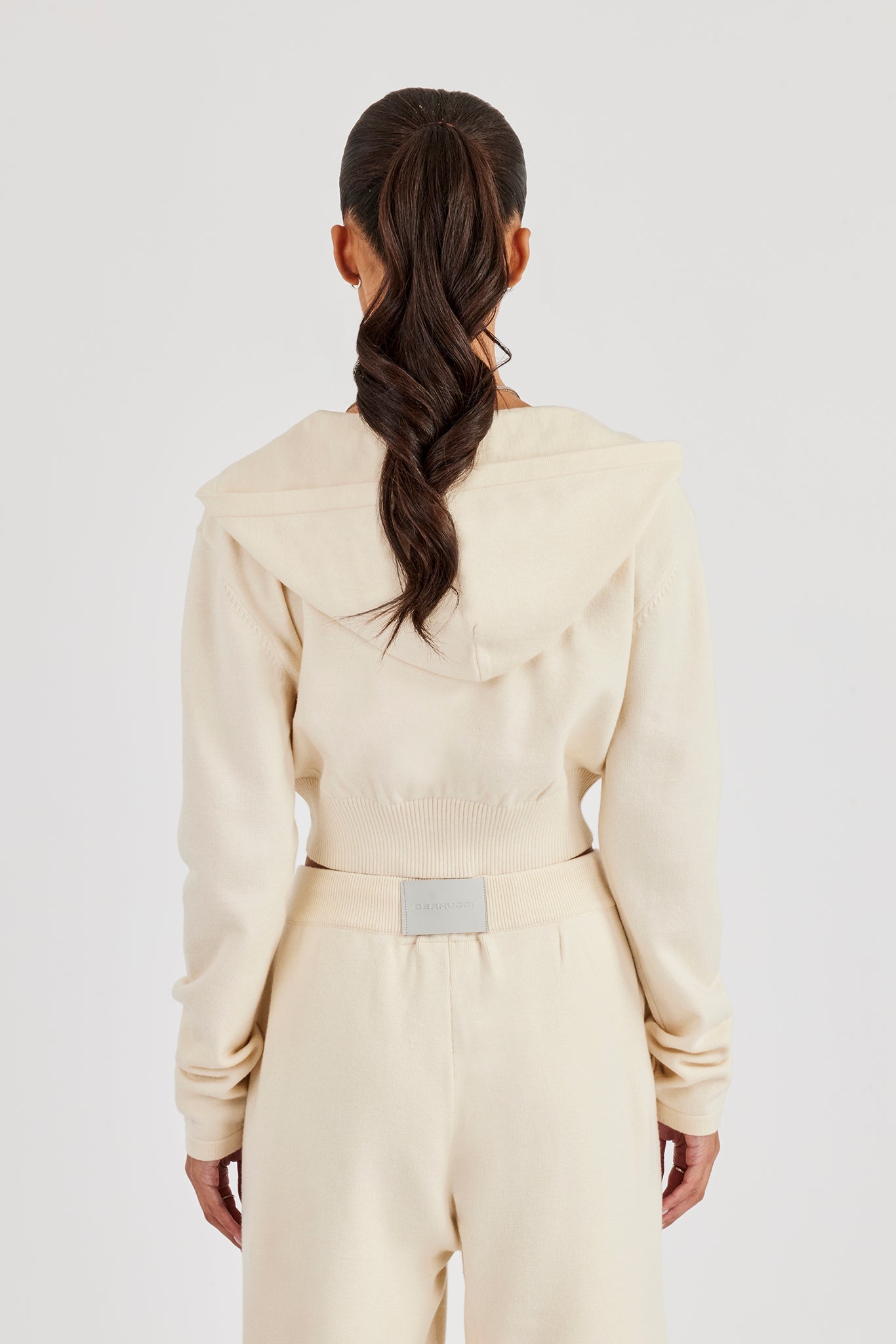 Cropped Knit Zip Hoodie - Cream