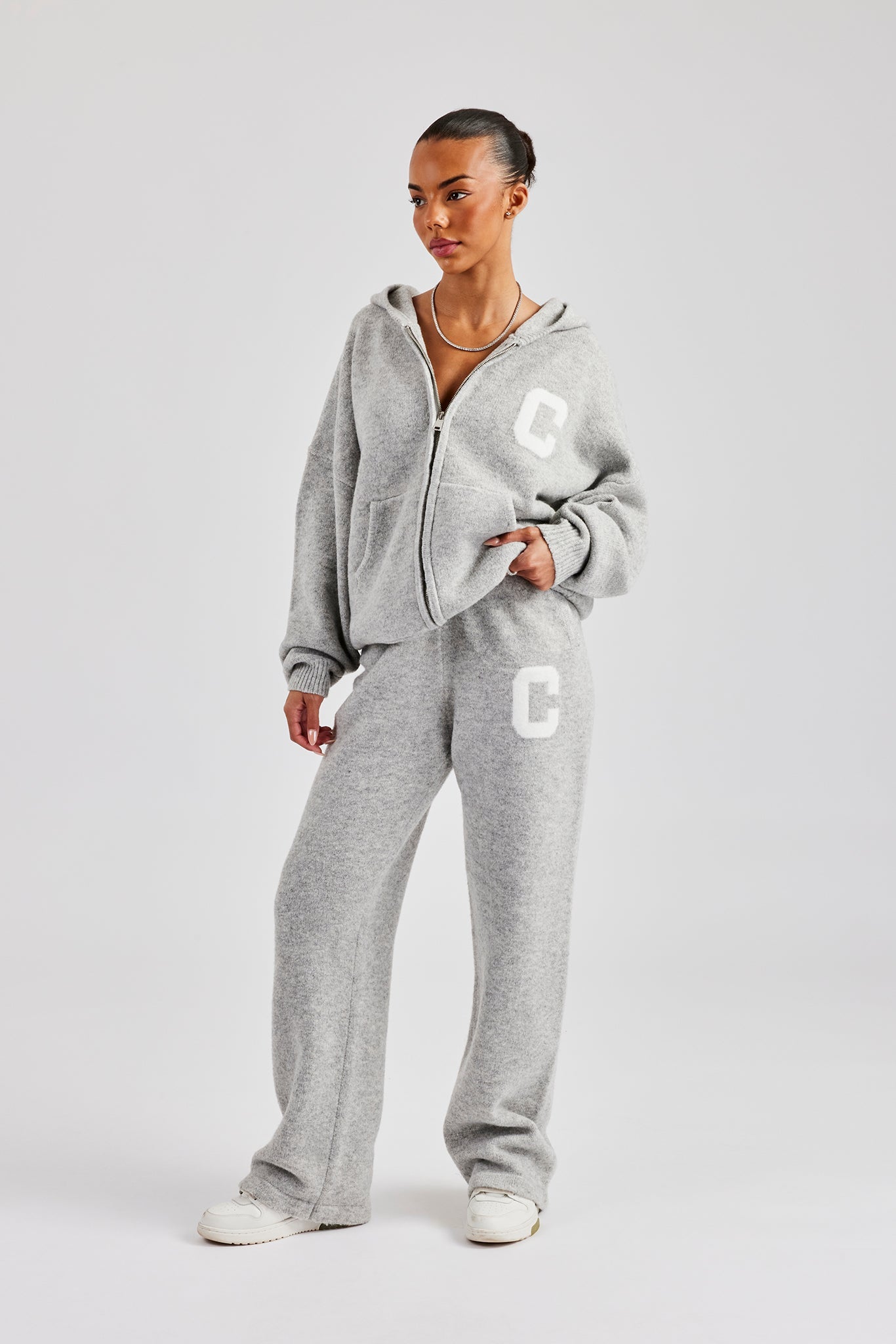Knitted Zip Through Tracksuit - Light Grey