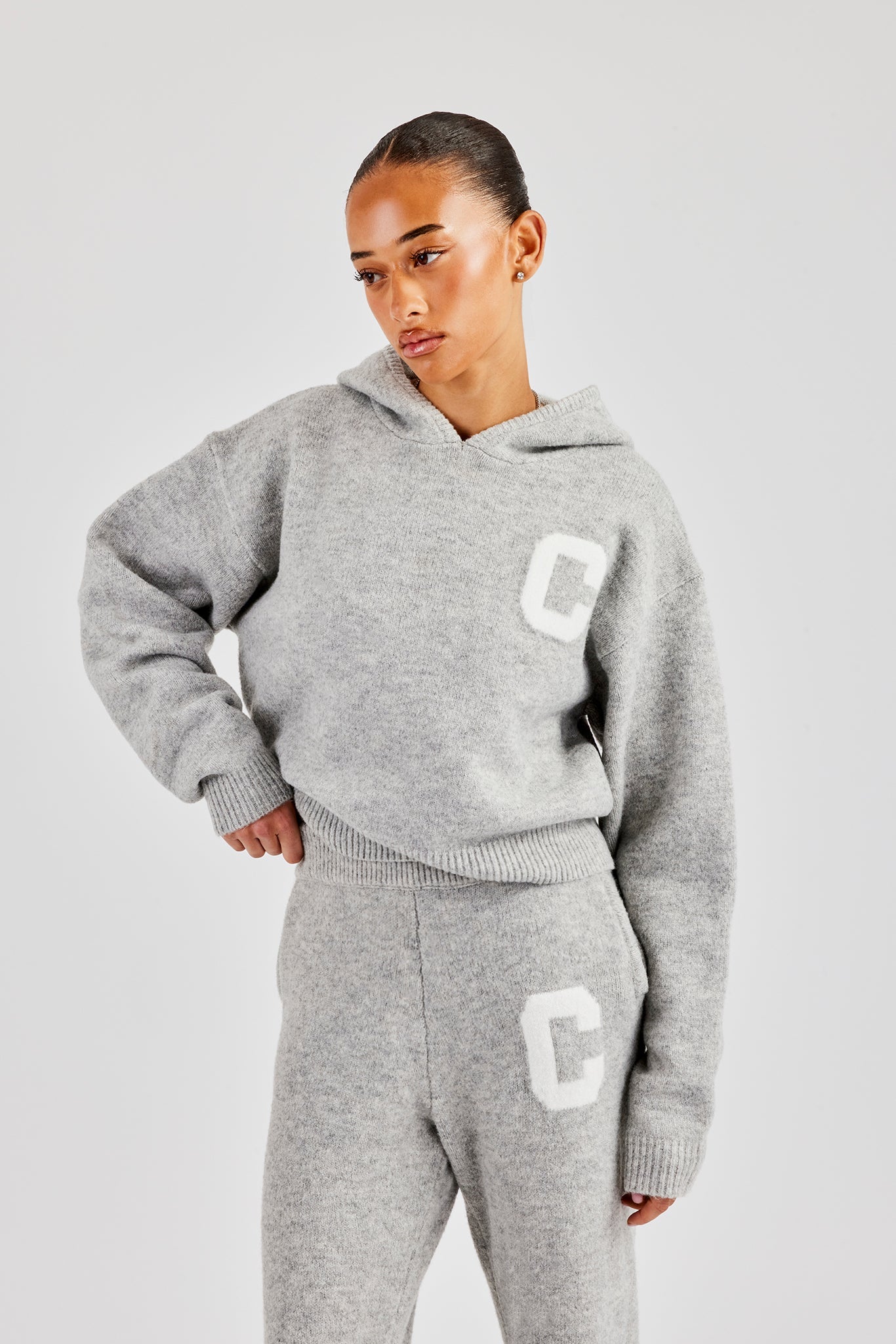Knitted C Hoodie & Wide Leg Jogger - Light Grey