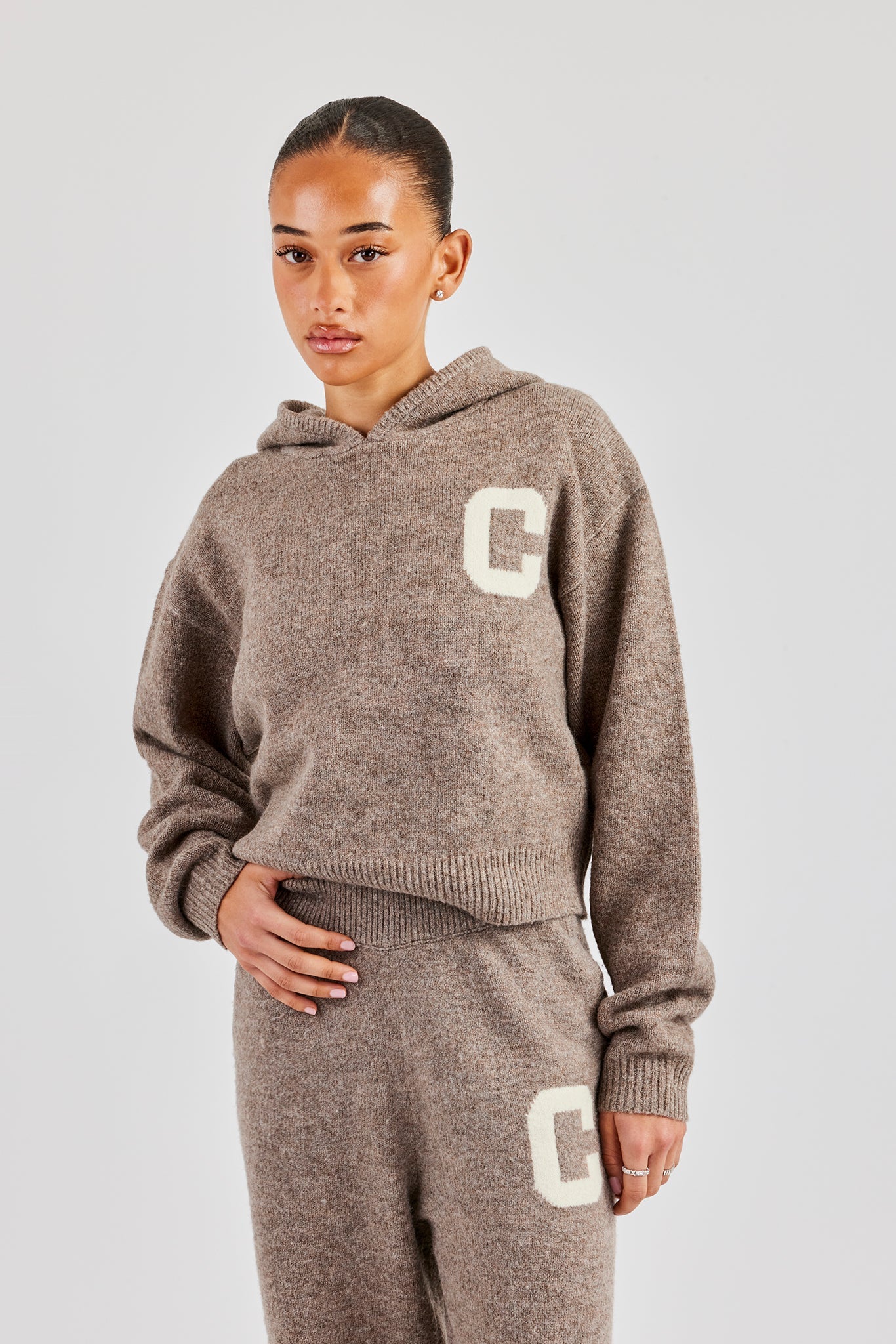 Knitted C Hoodie & Wide Leg Jogger - Taupe