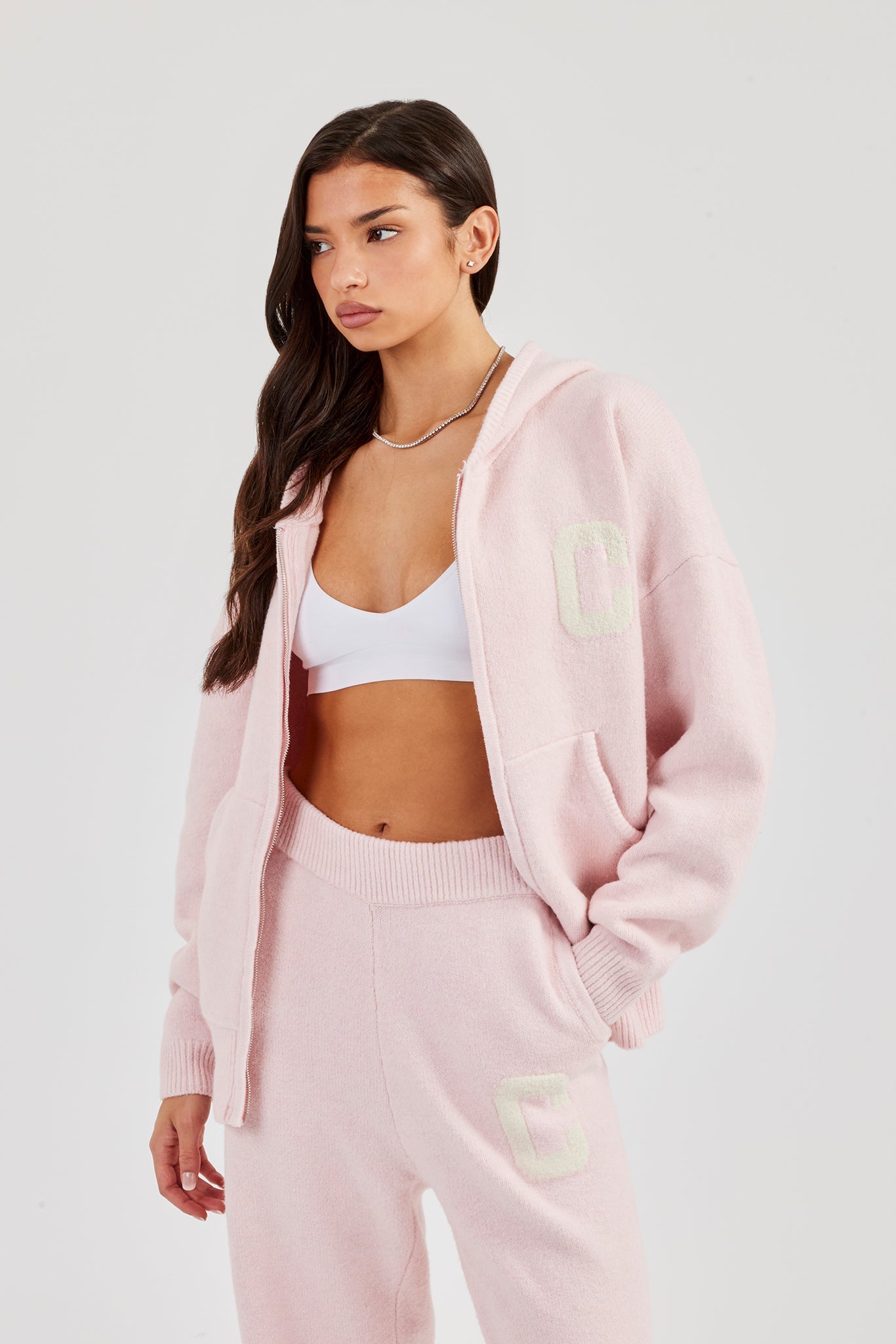 Hooded Zip Through Knitted Hoodie - Pink