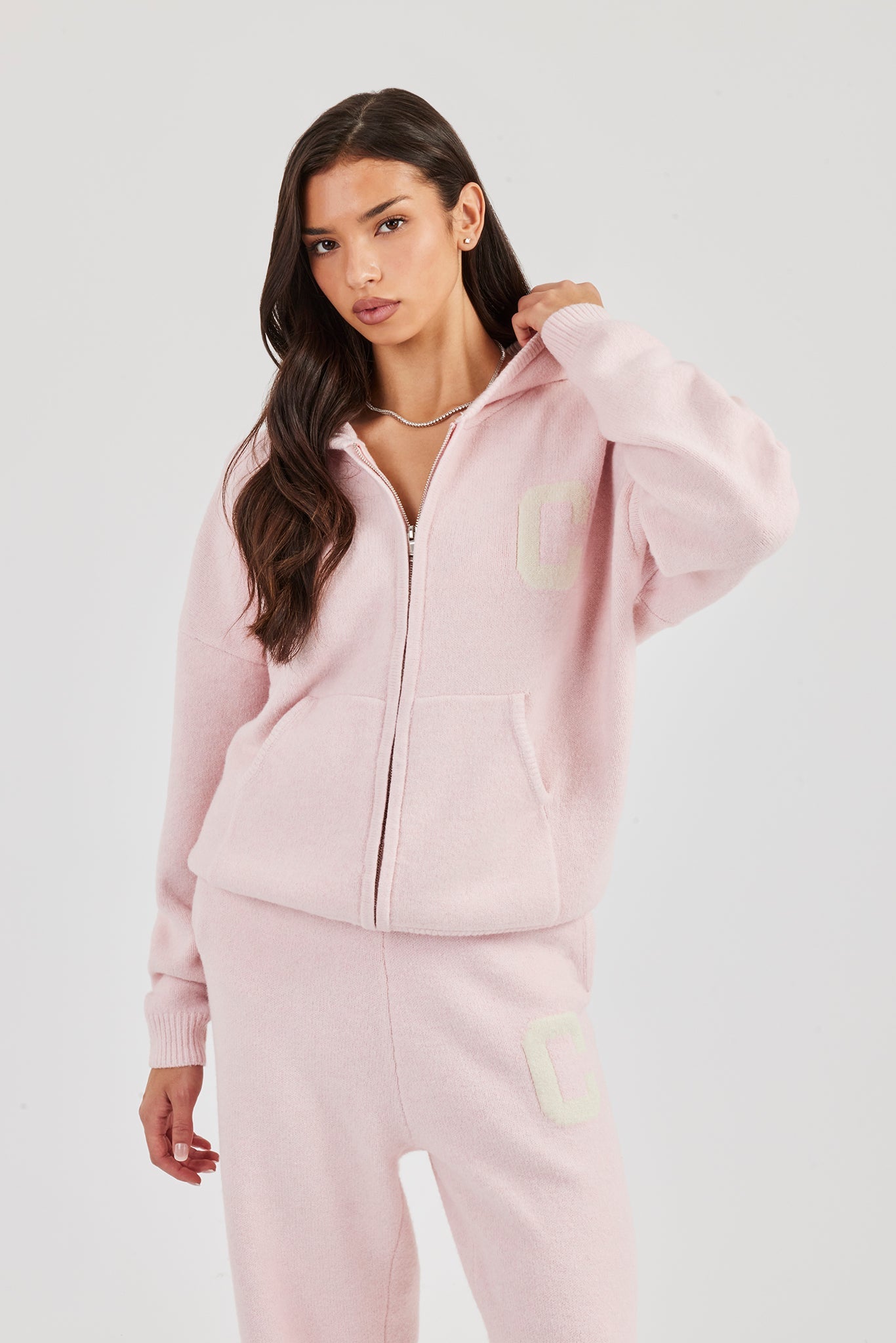 Hooded Zip Through Knitted Hoodie - Pink