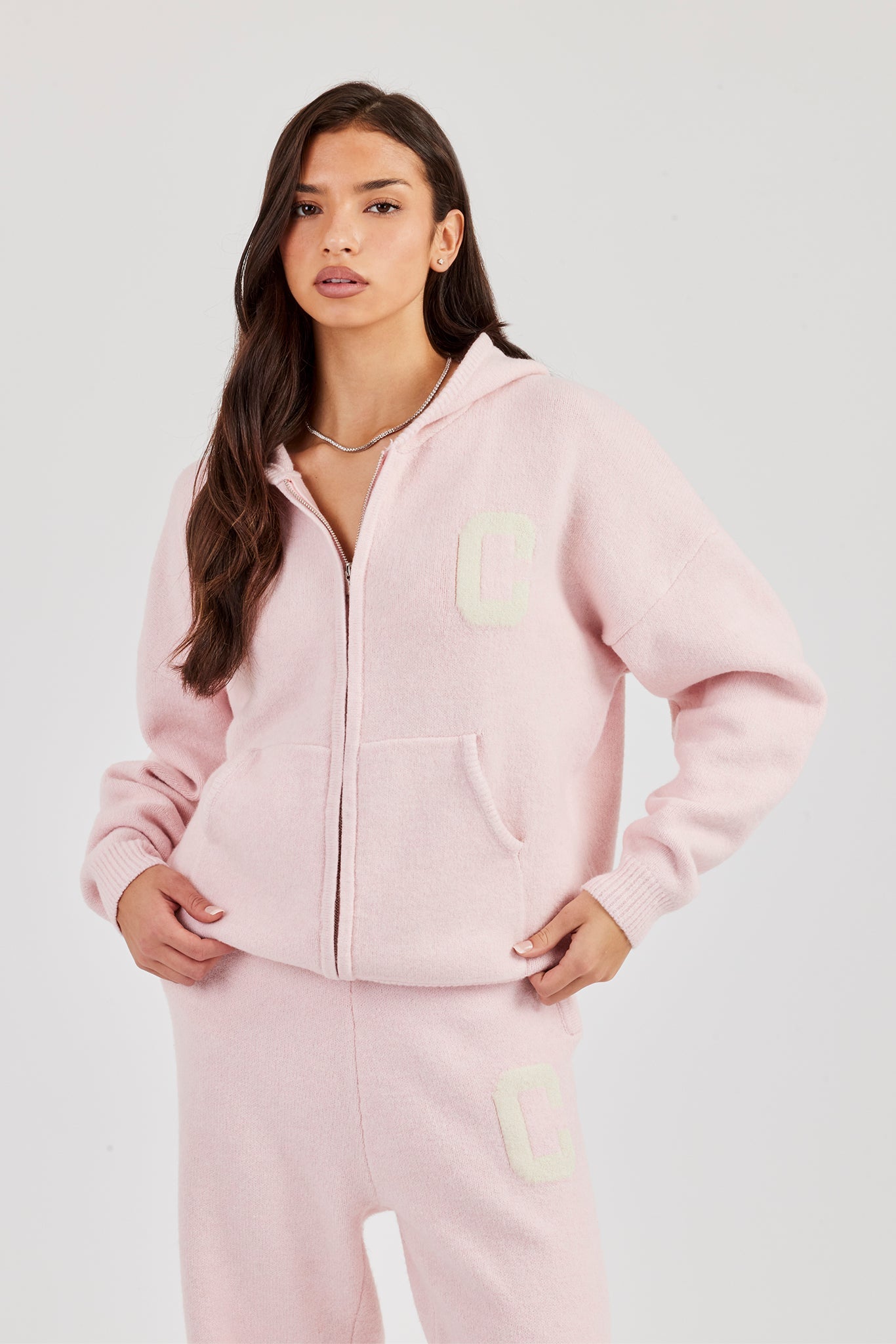 Hooded Zip Through Knitted Hoodie - Pink