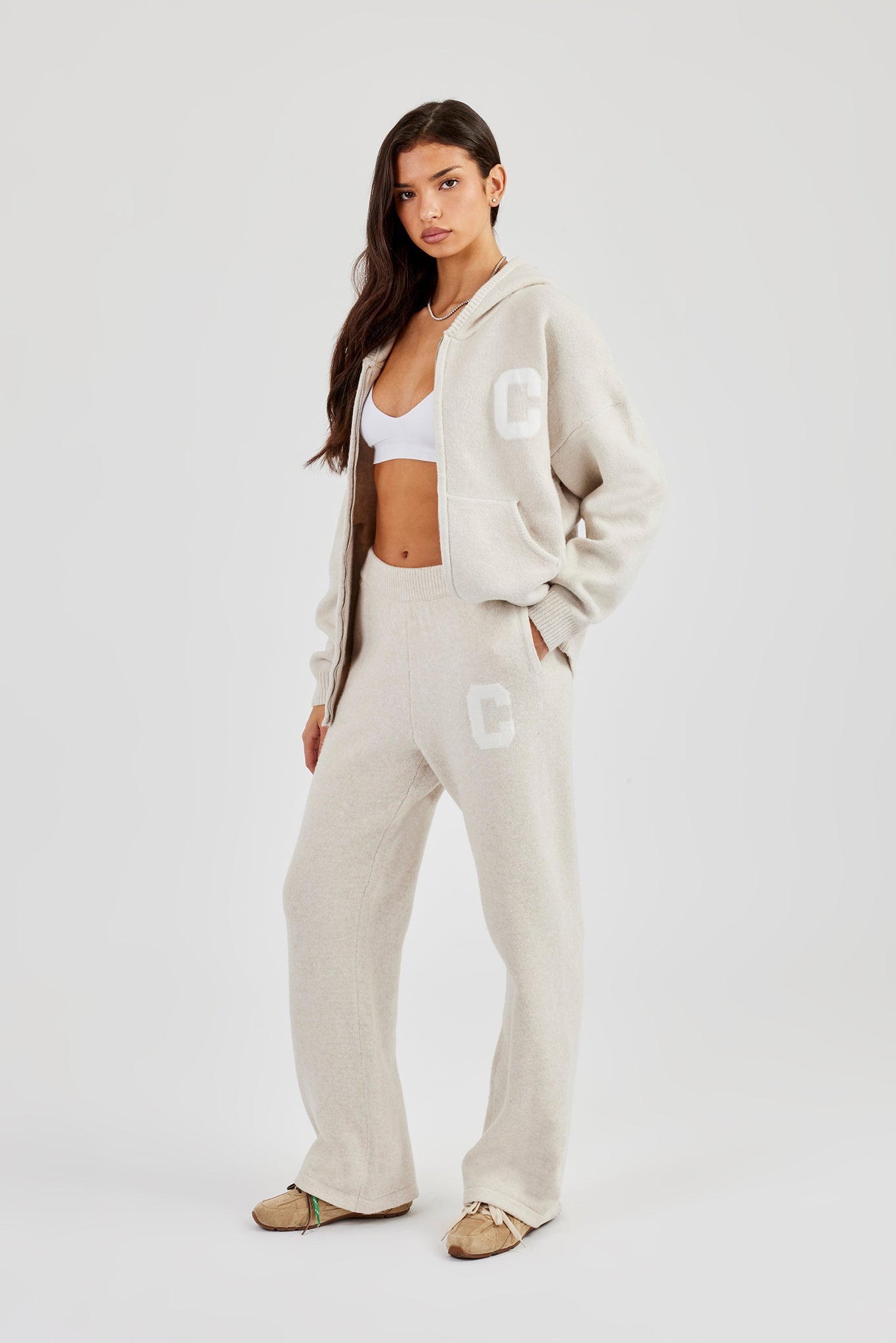 Hooded Zip Through Knitted Jumper - Oatmeal