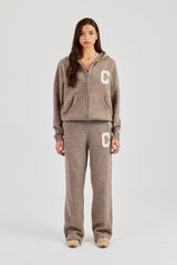 Hooded Zip Through Knitted Tracksuit - Taupe