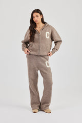 Hooded Zip Through Knitted Jumper - Taupe