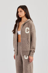 Hooded Zip Through Knitted Jumper - Taupe