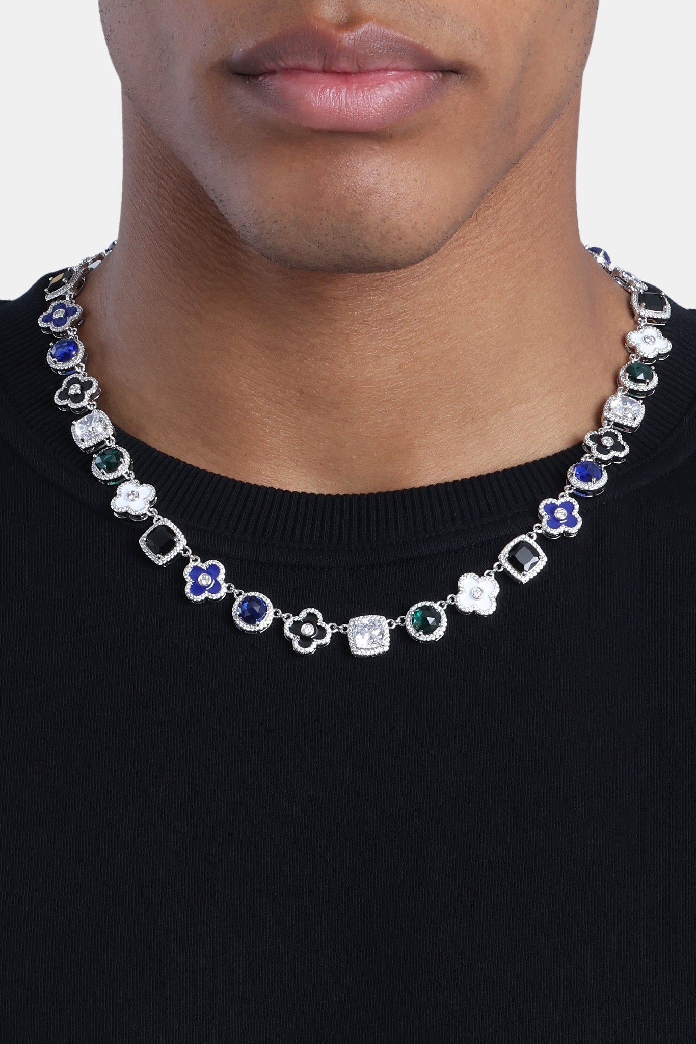 Blue Multi Gem & Motif Chain - White - 10mm