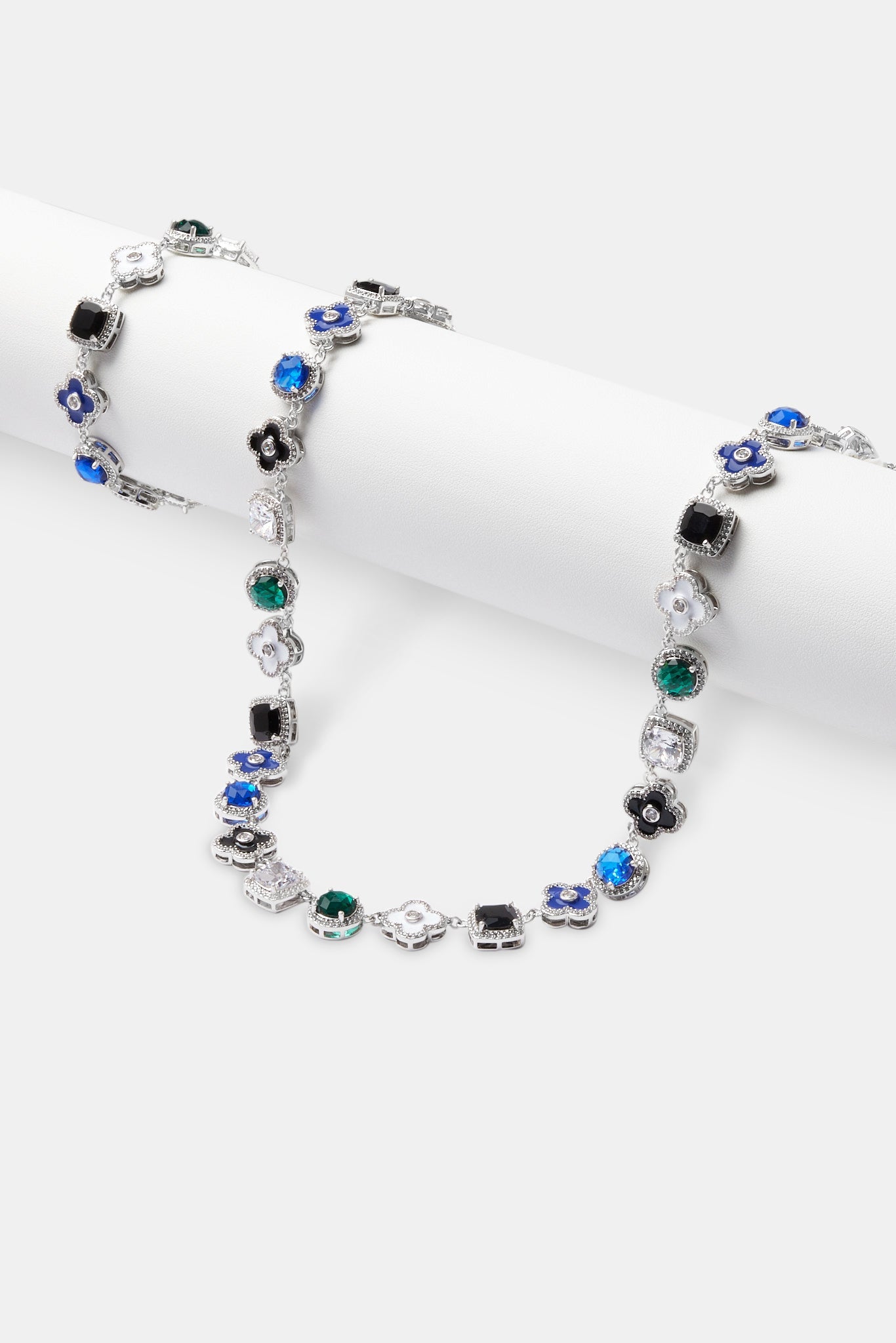 Blue Multi Gem + Motif Chain & Bracelet - White - 10mm