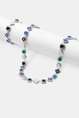 Blue Multi Gem + Motif Chain & Bracelet - White - 10mm