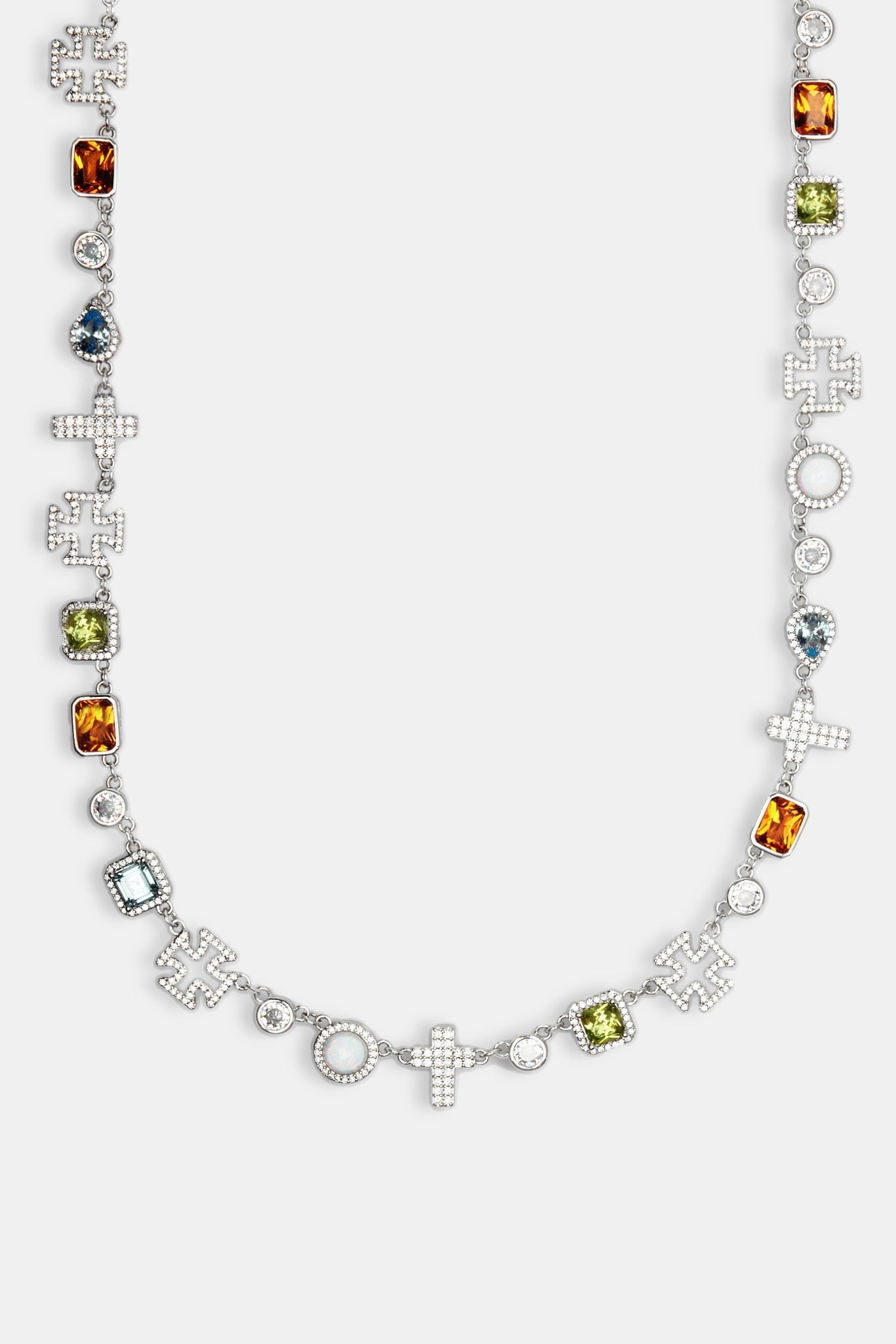 Multi Gemstone & Cross Chain + Bracelet - White - 10mm