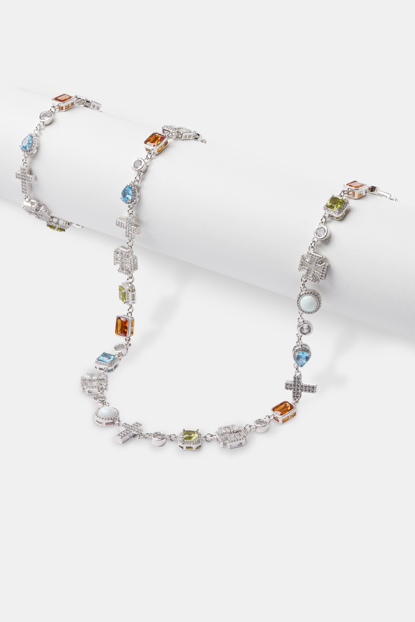 Multi Gemstone & Cross Chain + Bracelet - White - 10mm