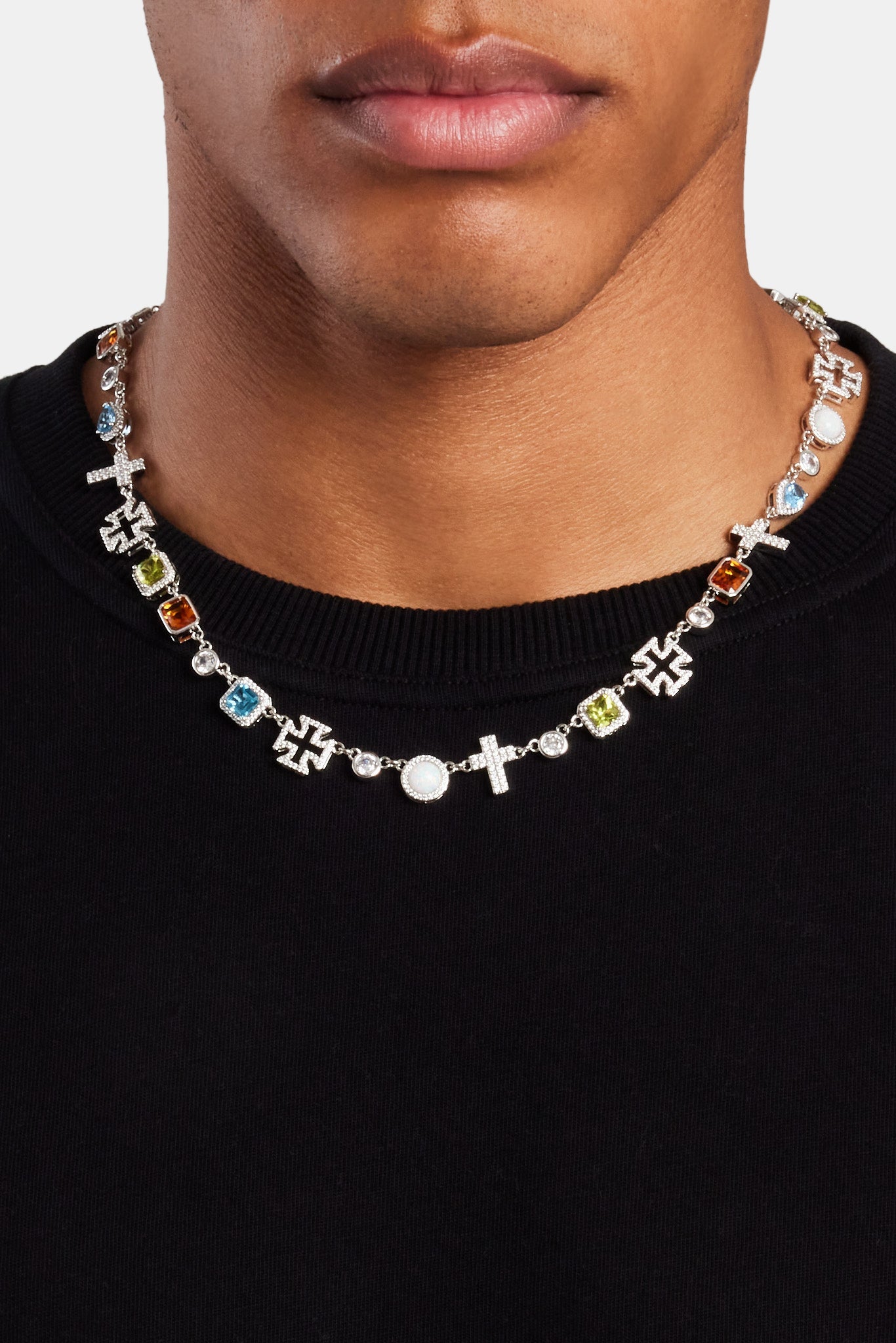 Multi Gemstone & Cross Chain - White - 10mm