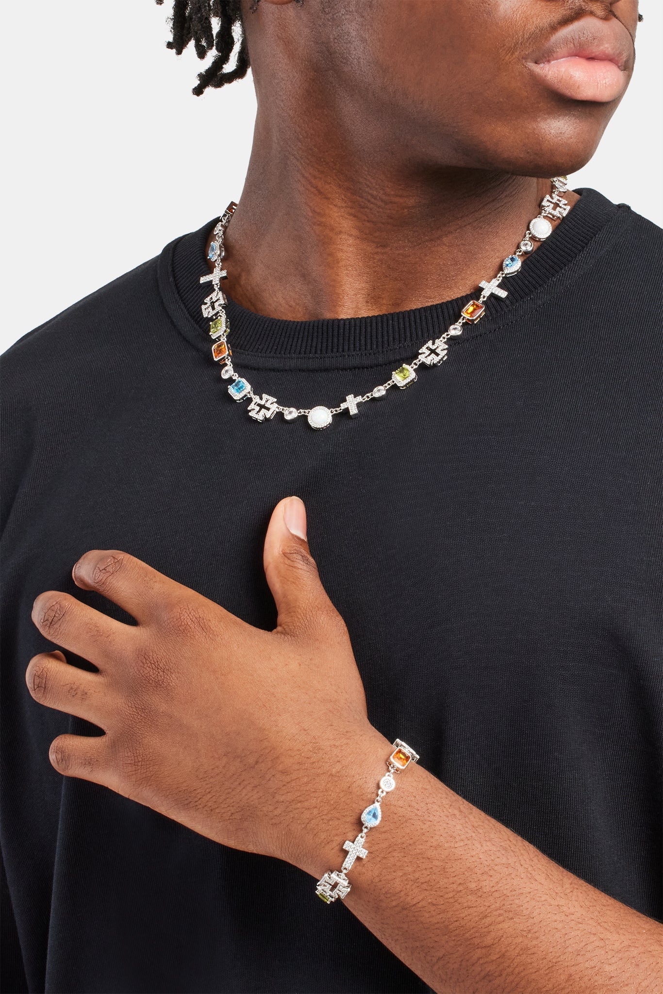 Multi Gemstone & Cross Chain + Bracelet - White - 10mm