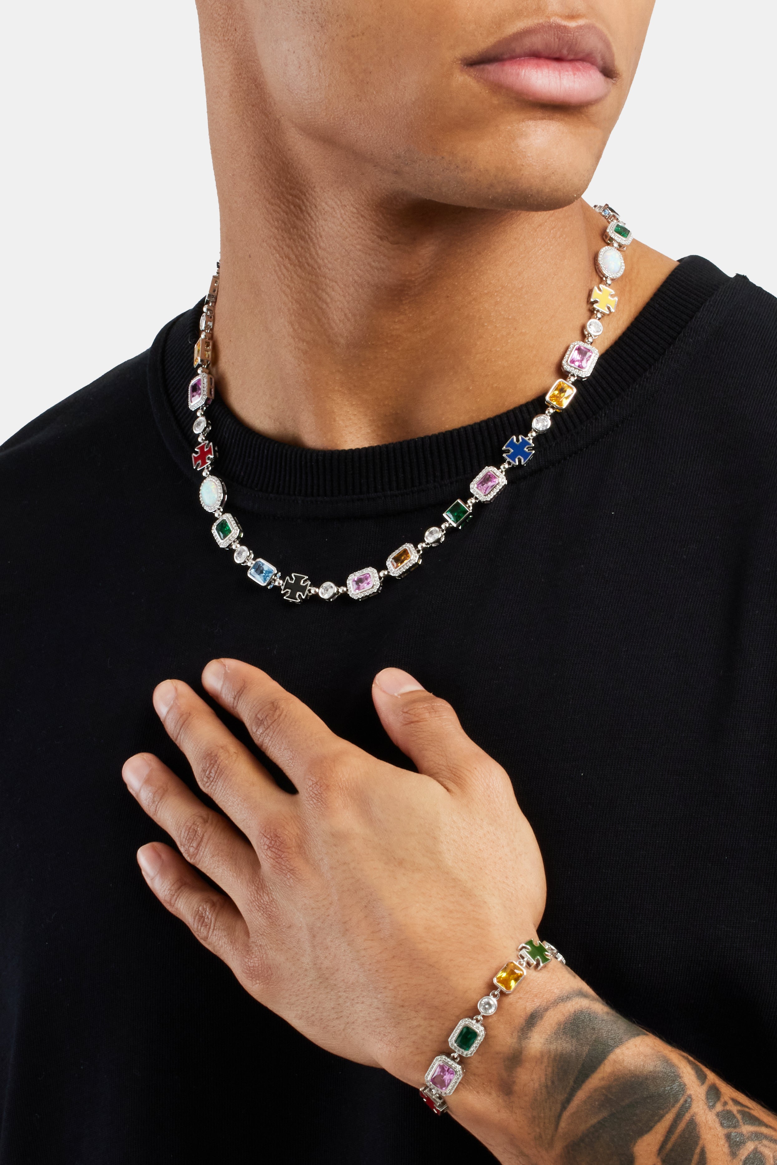 Multi Gemstone Motif Necklace & Bracelet  - White - 10mm