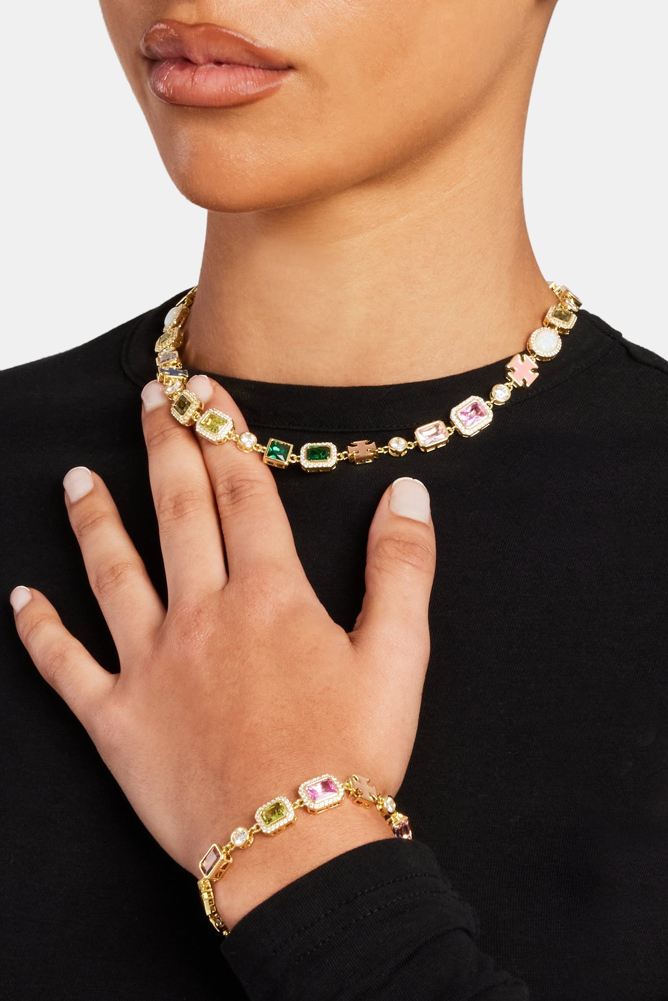 Multi Gemstone Motif Bracelet - Gold Pink & Green - 10mm