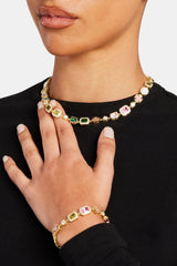 Multi Gemstone Motif Bracelet - Gold Pink & Green - 10mm