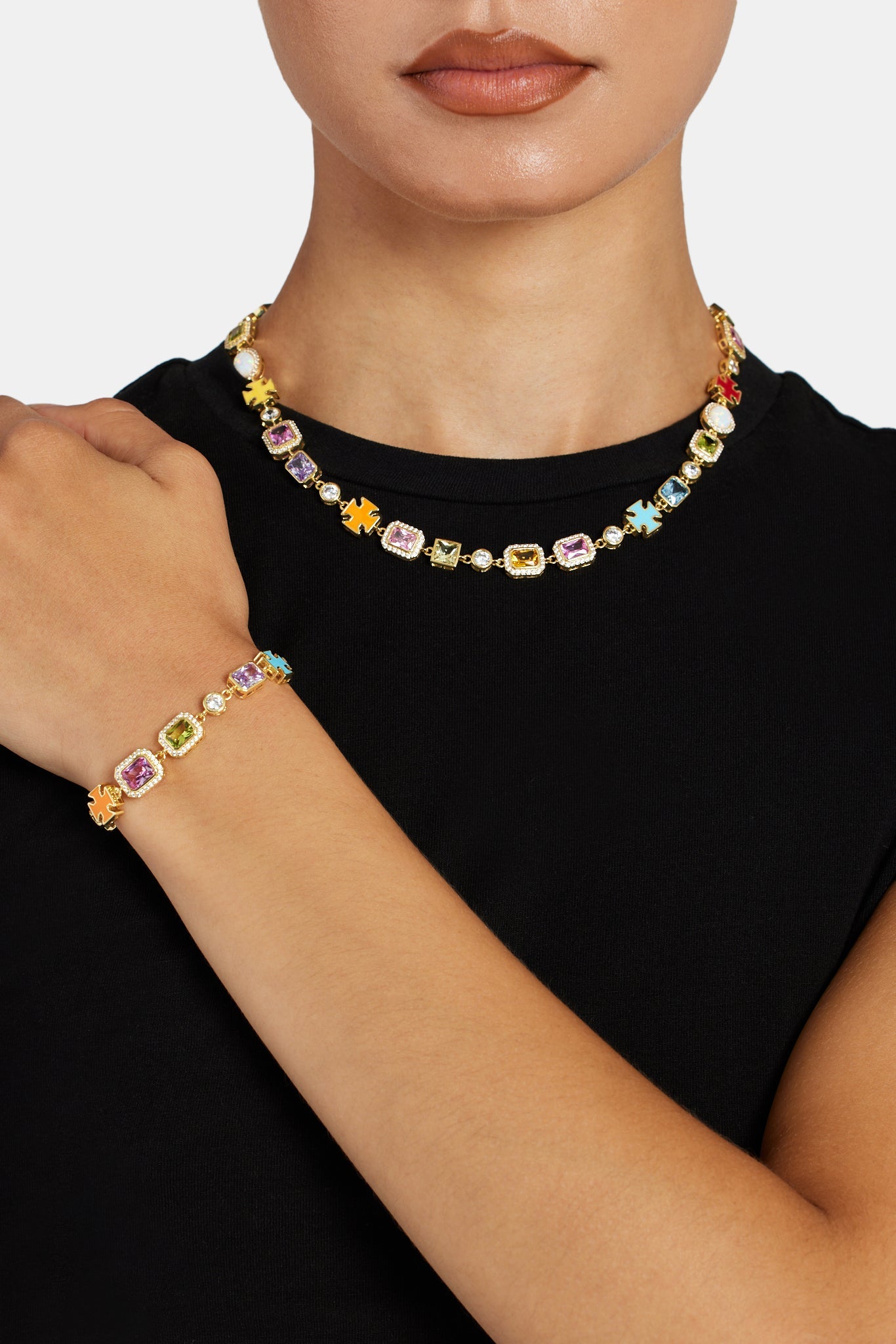 Pink Multi Gemstone Motif Necklace & Bracelet - Gold - 10mm