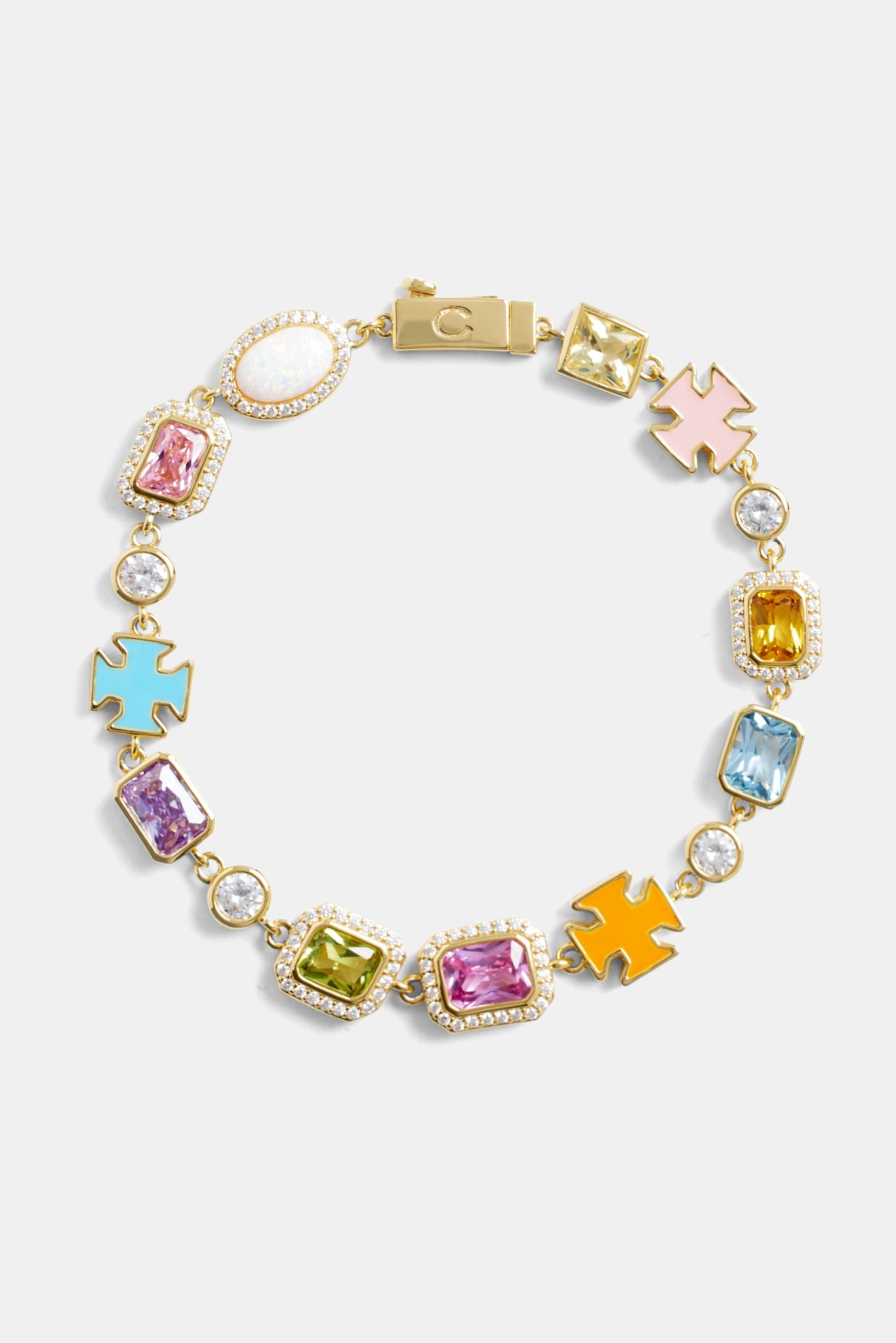 Pink Multi Gemstone Motif Necklace & Bracelet - Gold - 10mm