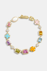 Pink Multi Gemstone Motif Necklace & Bracelet - Gold - 10mm