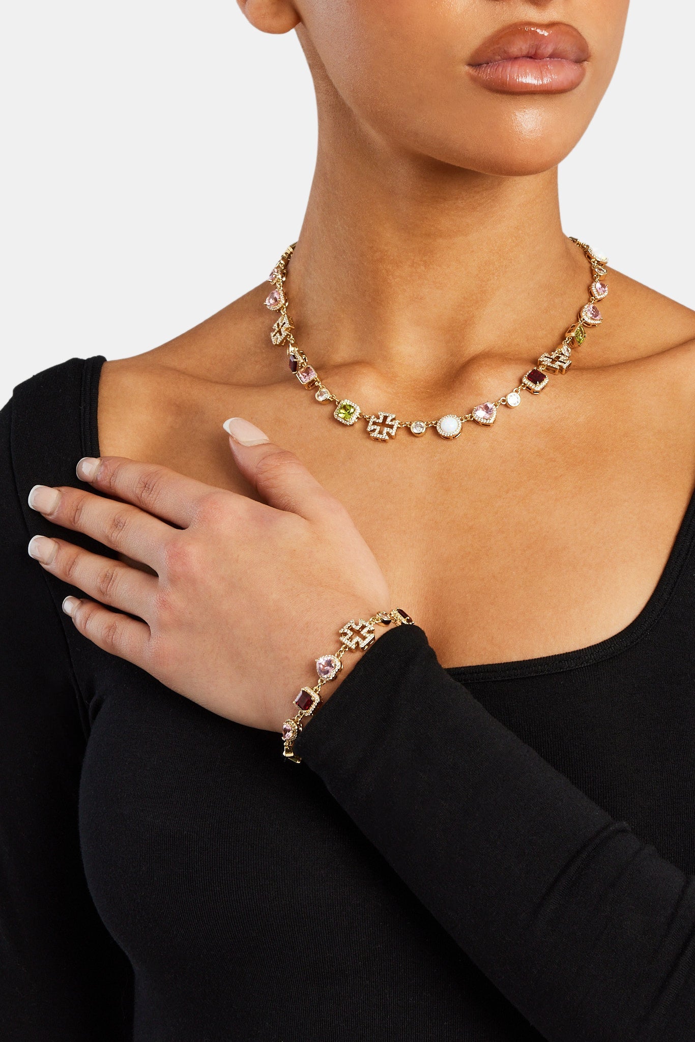 Pink Heart Multi Gem Chain & Bracelet - Gold - 10mm