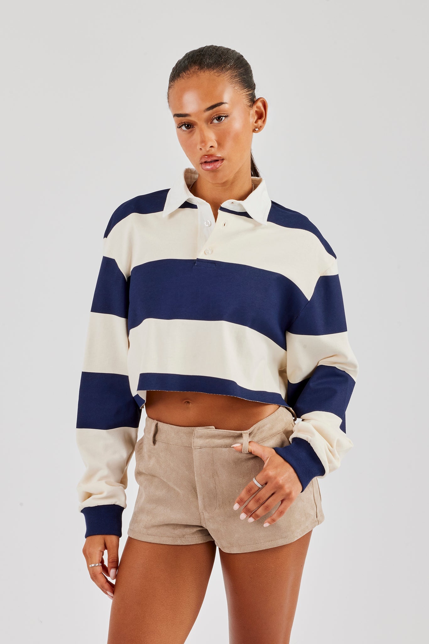 Women's Cropped Striped Rugby Polo Top - Navy