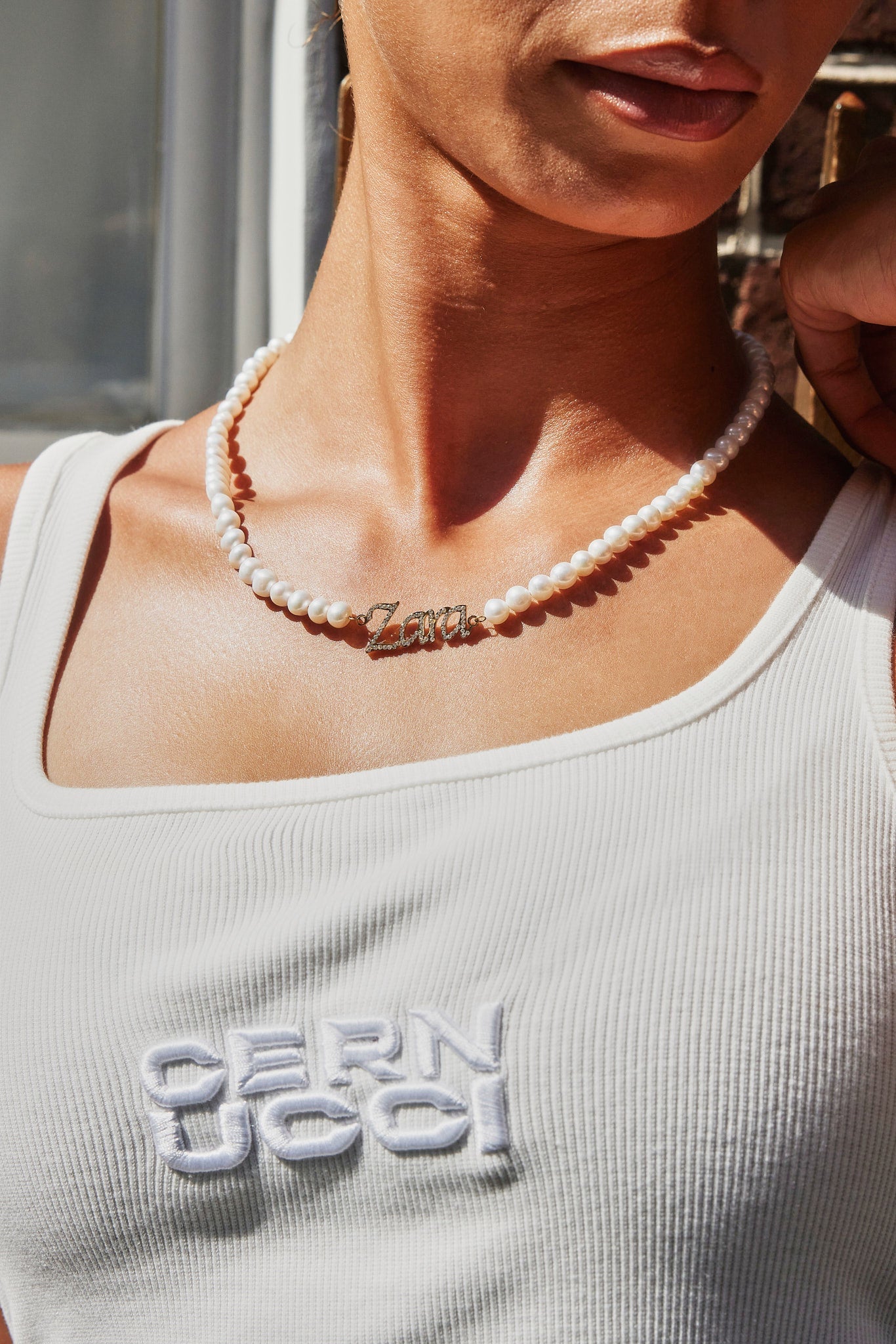 Iced Name Freshwater Pearl Necklace - White - 10mm