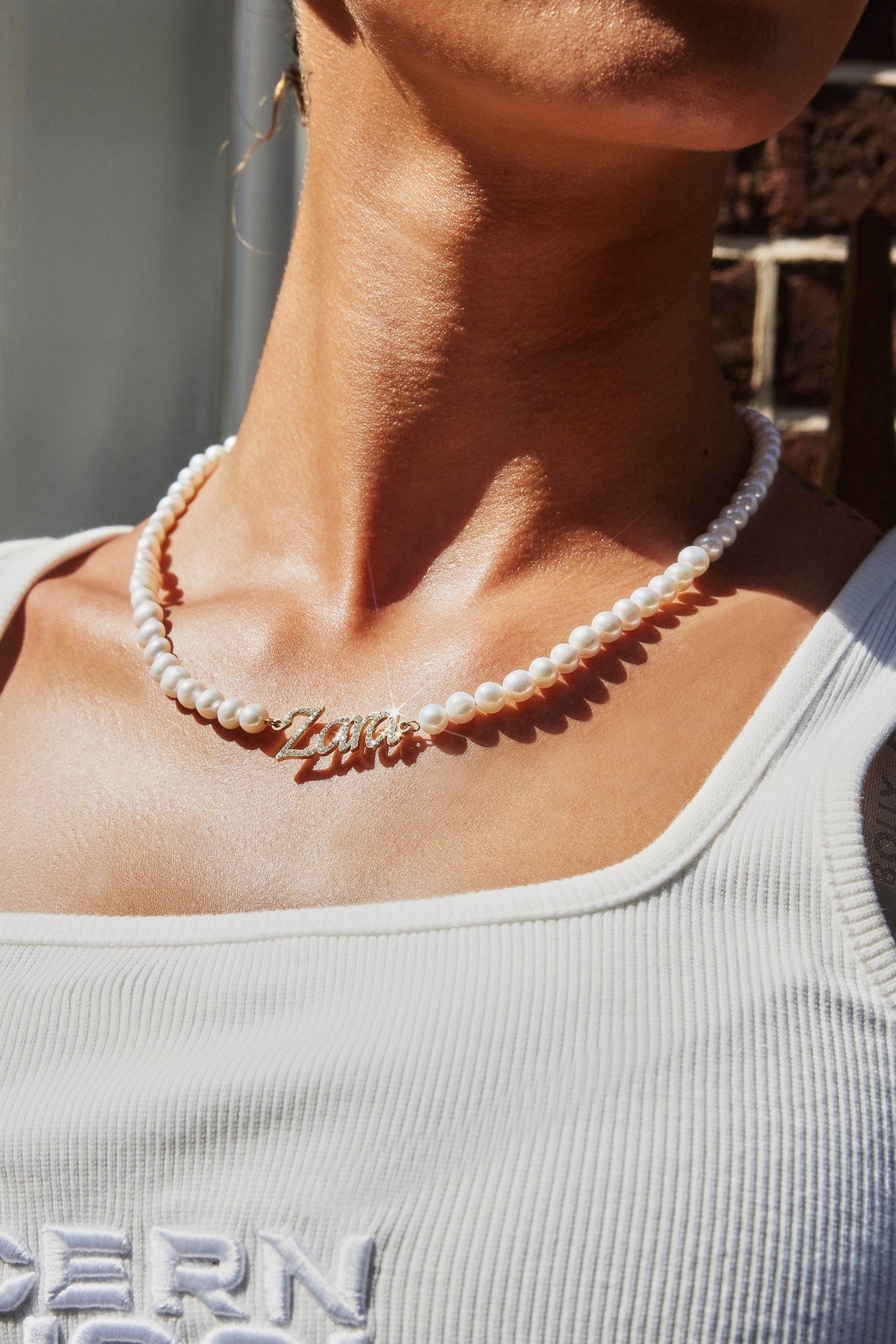 Iced Name Freshwater Pearl Necklace - Gold - 10mm