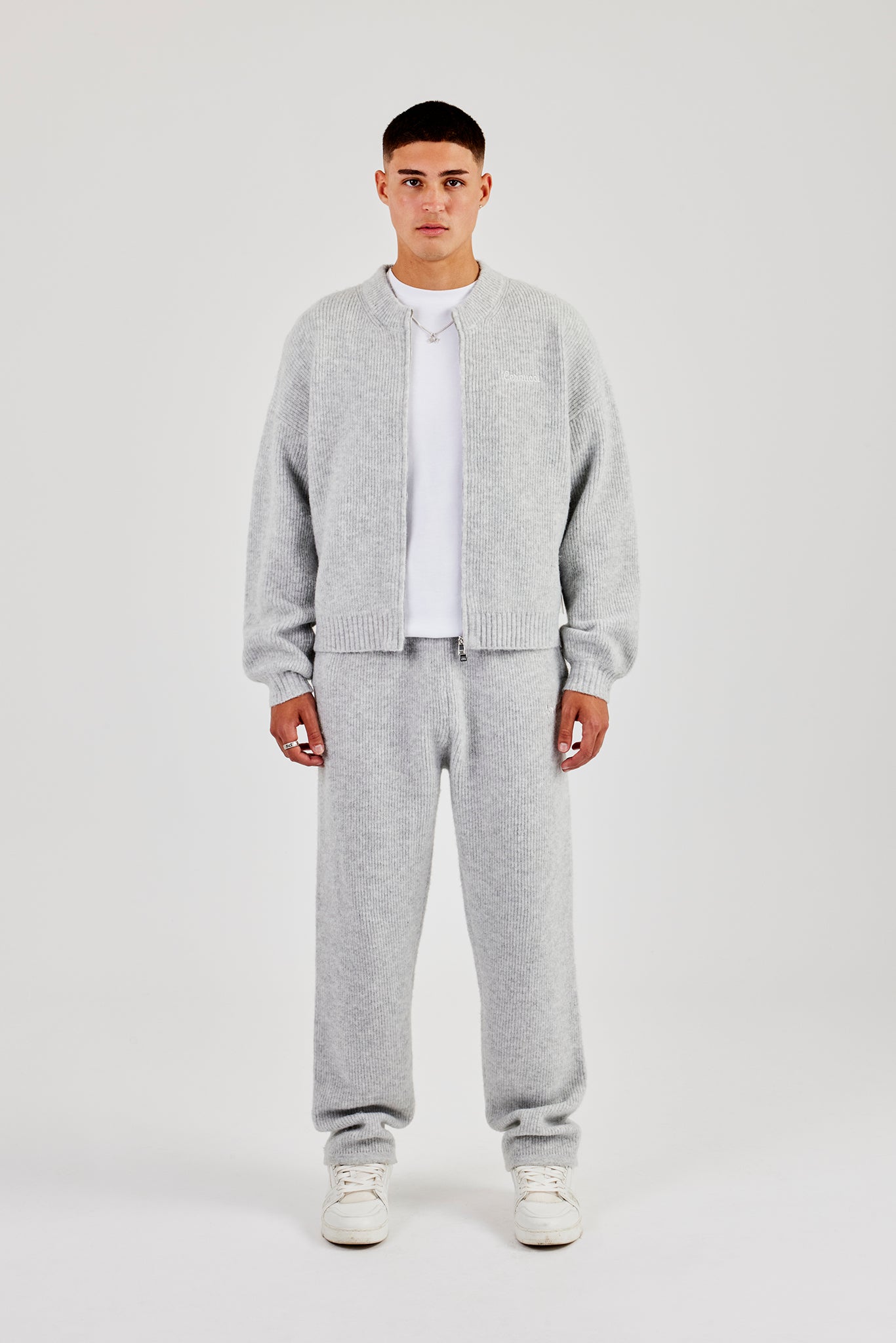 Embroidered Knitted Bomber & Jogger - Light Grey