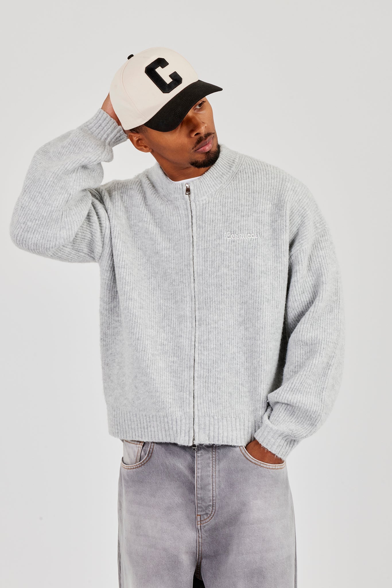 Embroidered Knitted Bomber - Light Grey