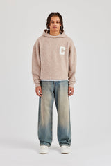 Brushed Knit Oversized Knitted Hoodie - Stone