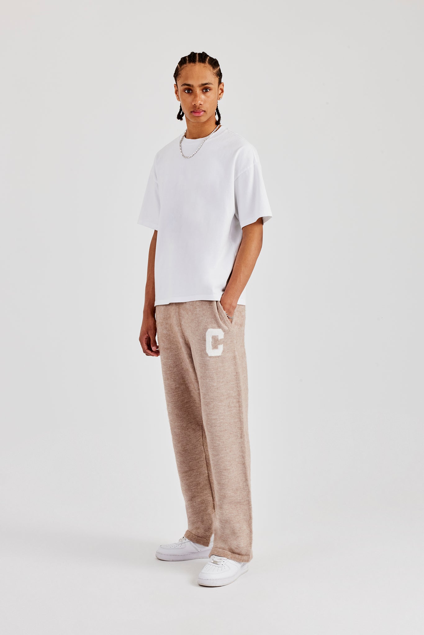 Brushed Knit Split Hem Knitted Jogger - Stone