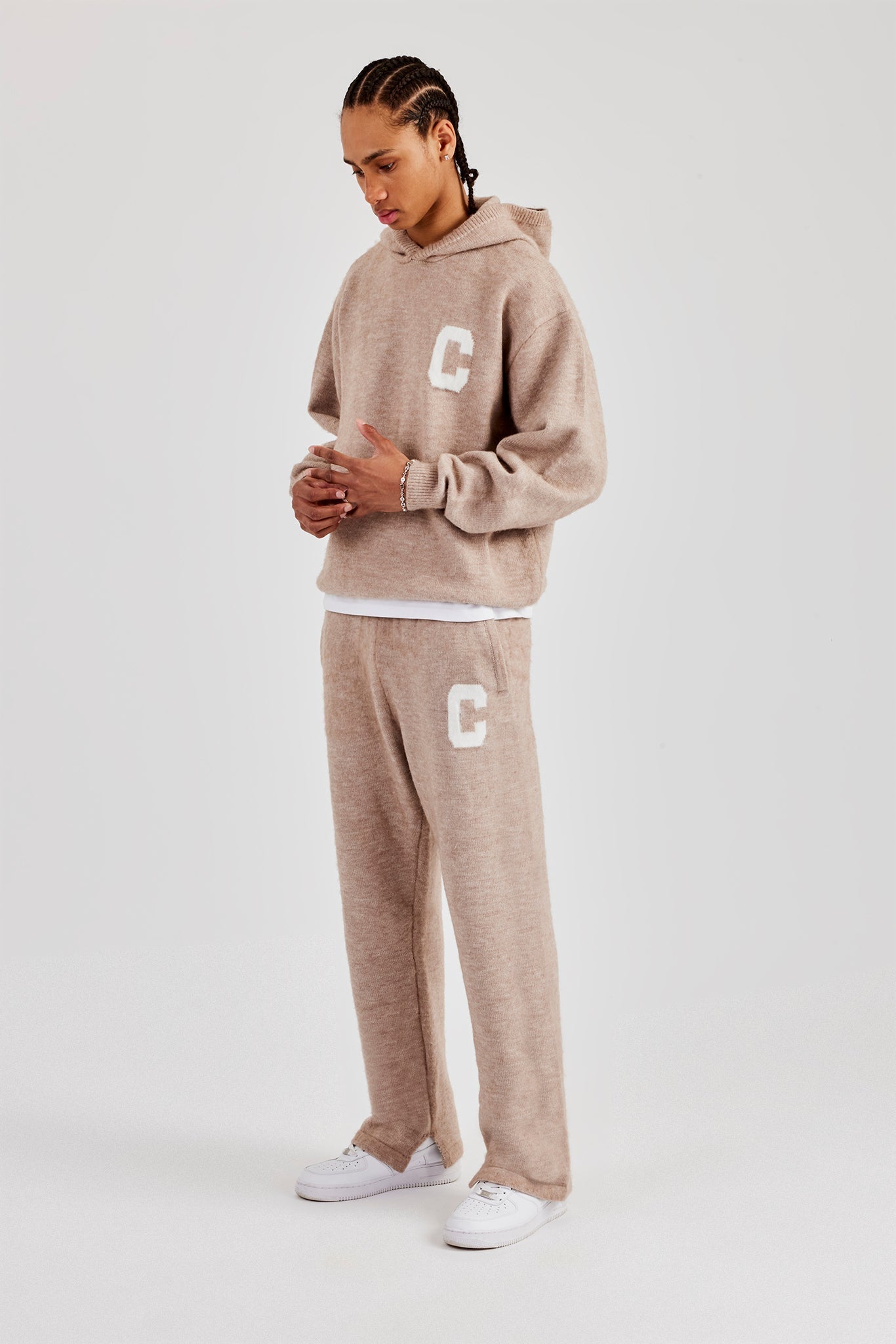Brushed Knit Split Hem Knitted Jogger - Stone