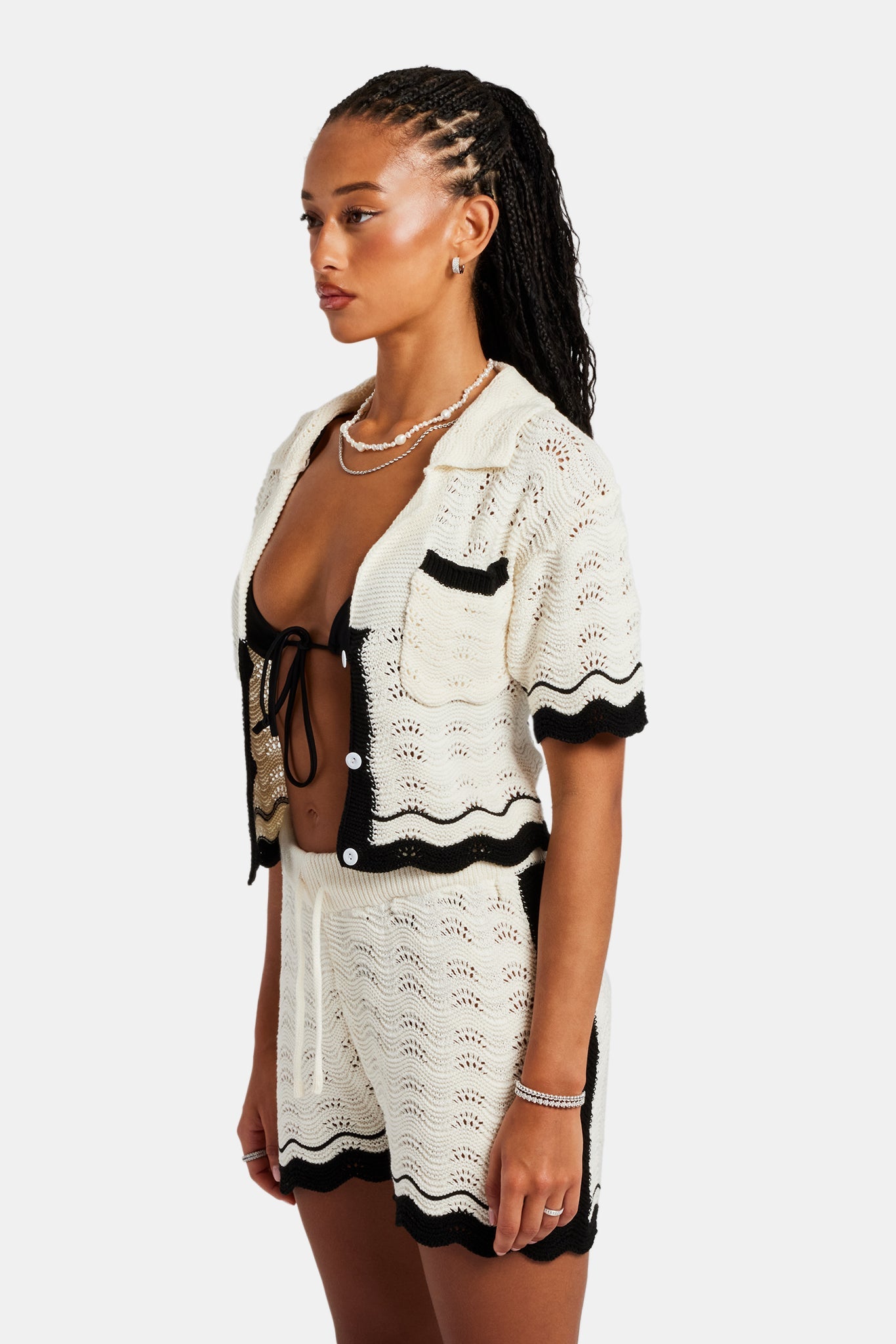 Contrast Crochet Knitted Shirt  & Short Set - Off White