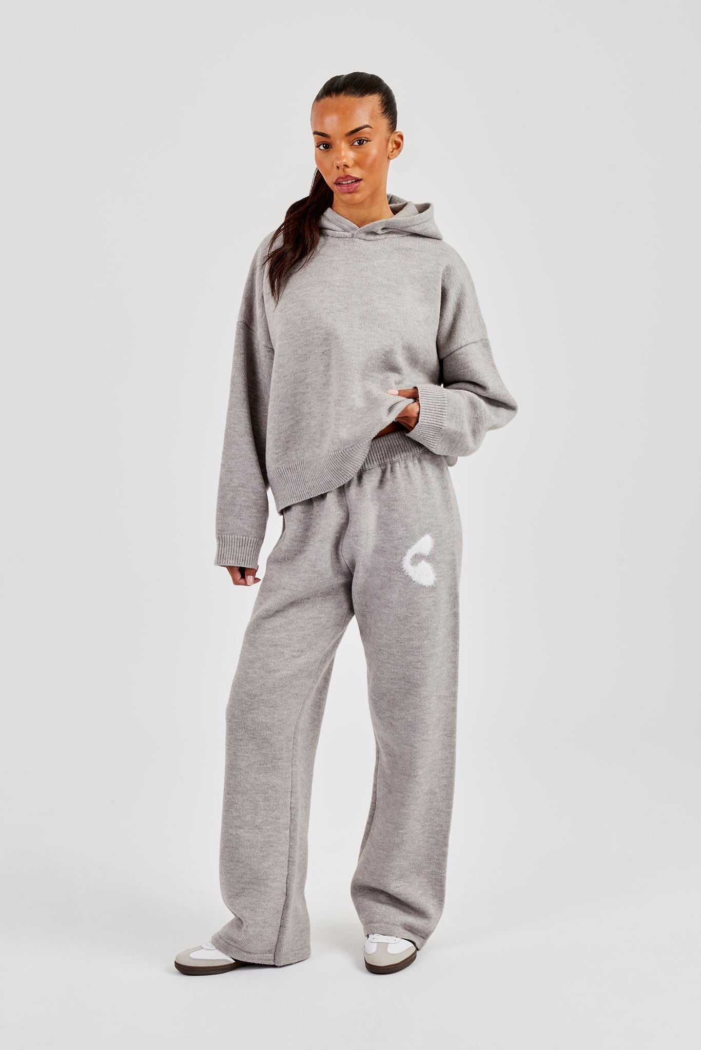 Fluffy Intarsia Boxy Hoodie - Grey