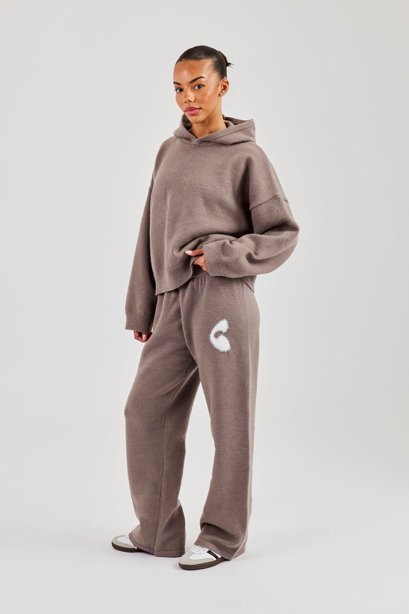 Fluffy Intarsia Boxy Hoodie - Taupe