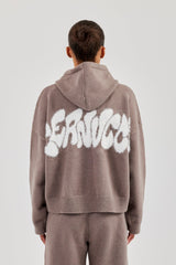 Fluffy Intarsia Boxy Hoodie - Taupe