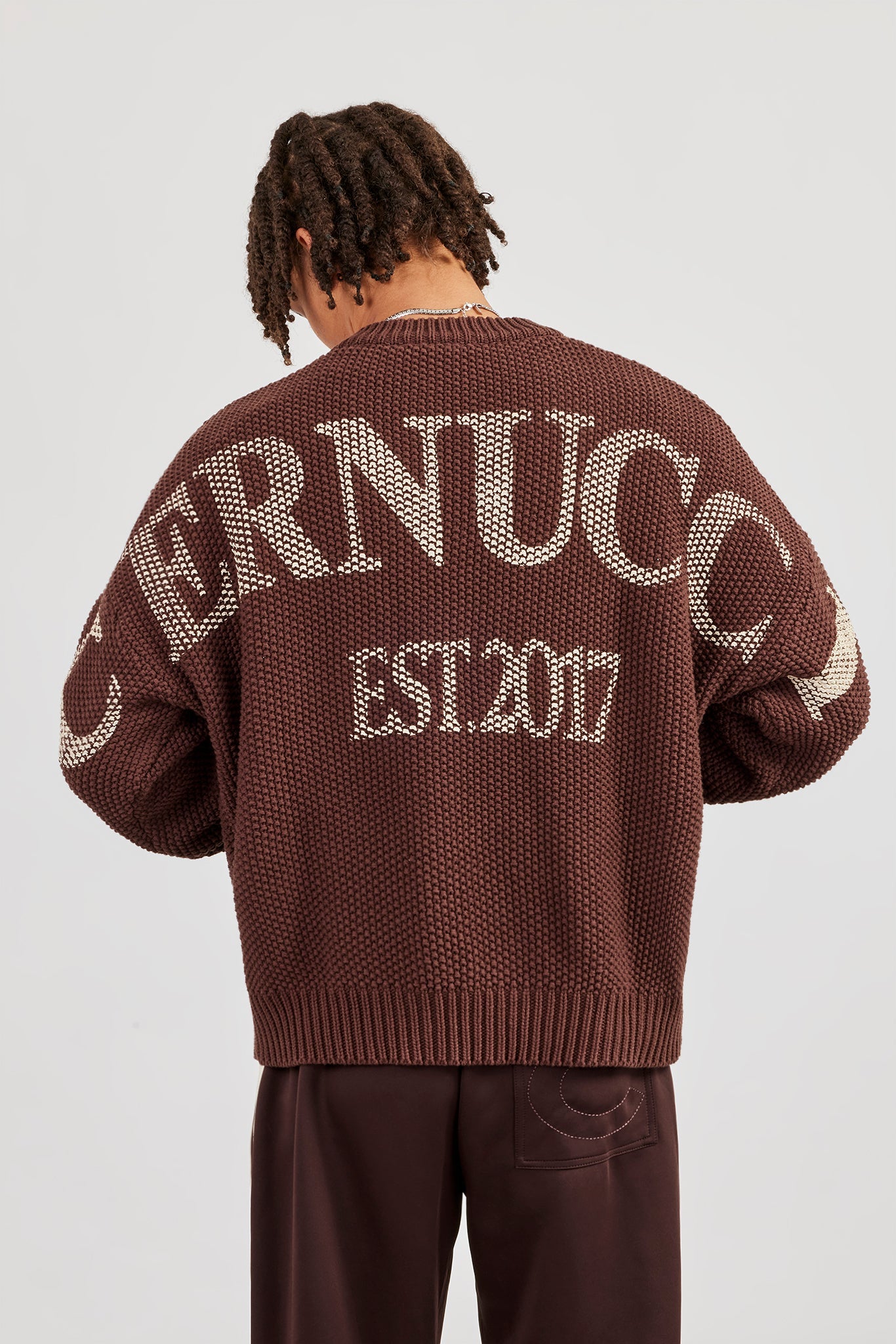 Textured Knit Printed Sweatshirt - Chocolate