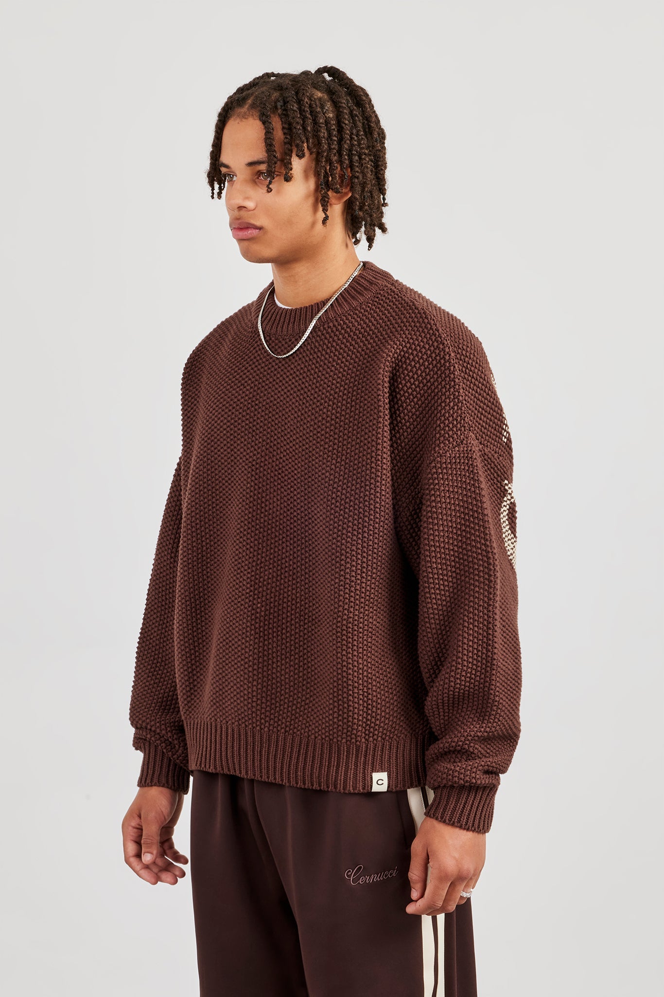 Textured Knit Printed Sweatshirt - Chocolate