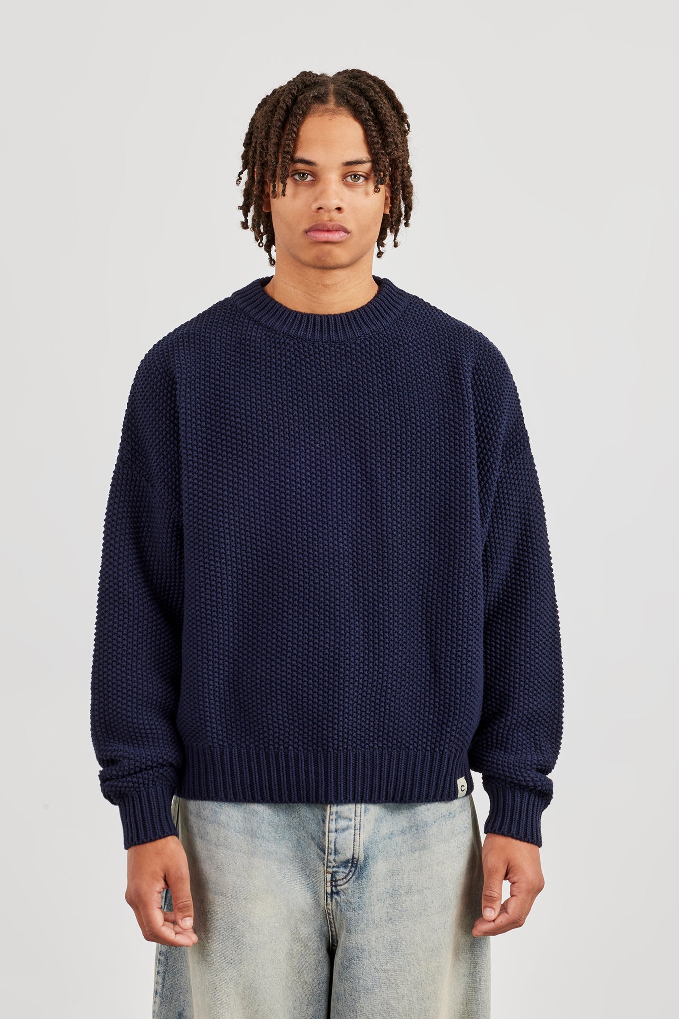 Textured Knit Printed Sweatshirt - Navy Blue