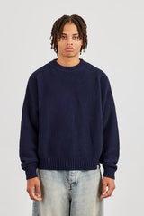 Textured Knit Printed Sweatshirt - Navy Blue