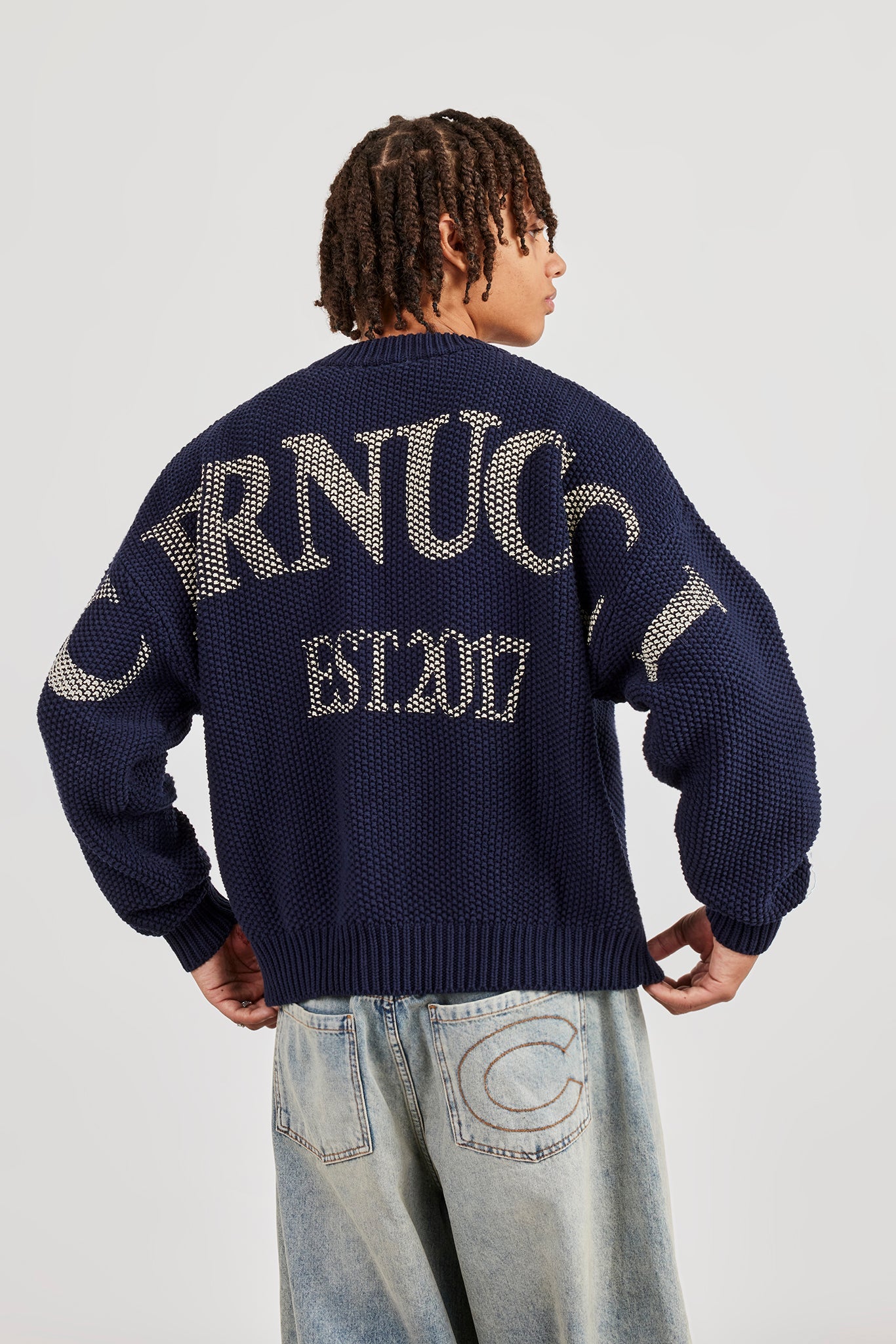 Textured Knit Printed Sweatshirt - Navy Blue