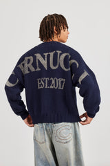 Textured Knit Printed Sweatshirt - Navy Blue