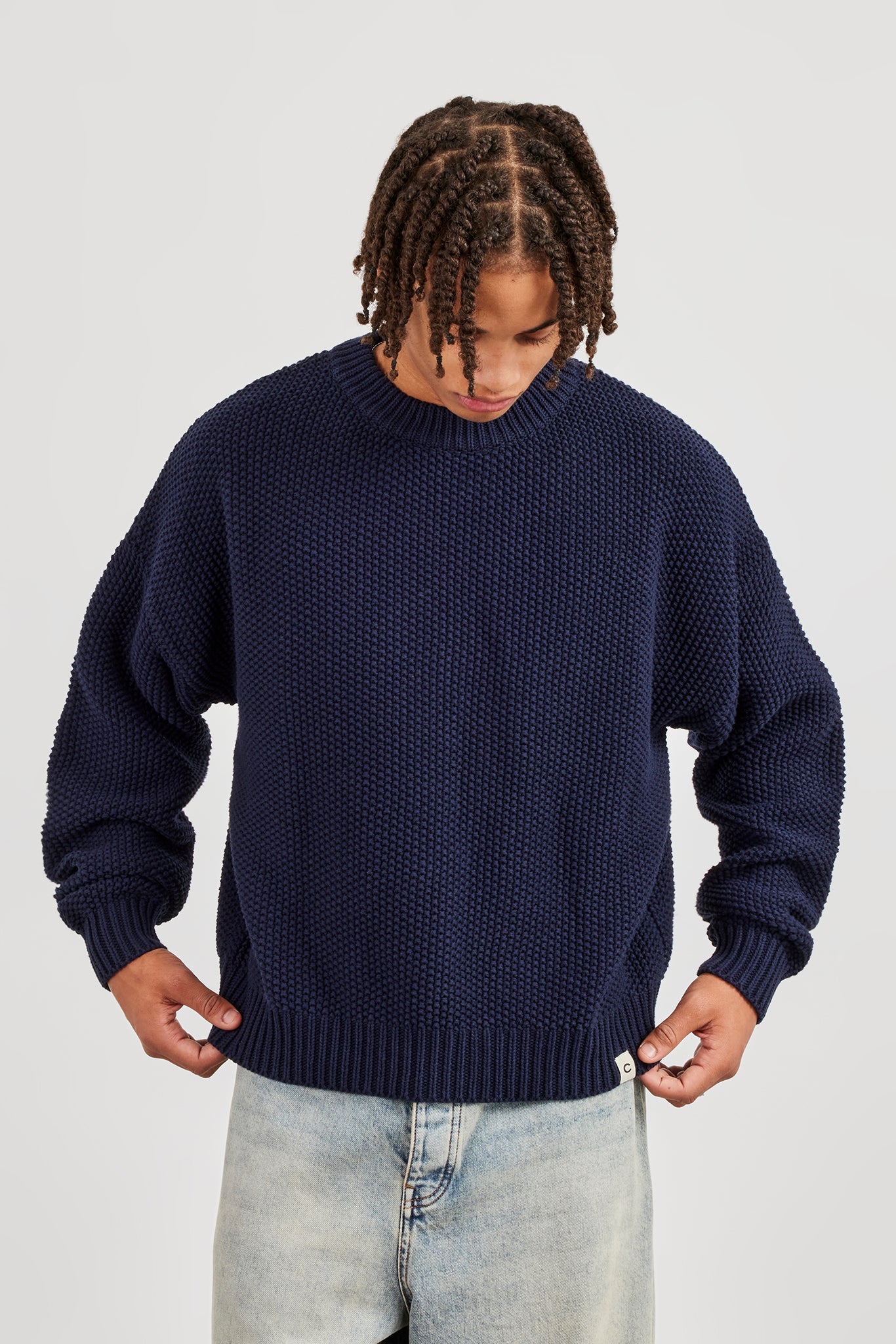 Textured Knit Printed Sweatshirt - Navy Blue