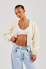 Cable Knit V Neck Cardigan - Oatmeal