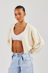 Cable Knit V Neck Cardigan - Oatmeal