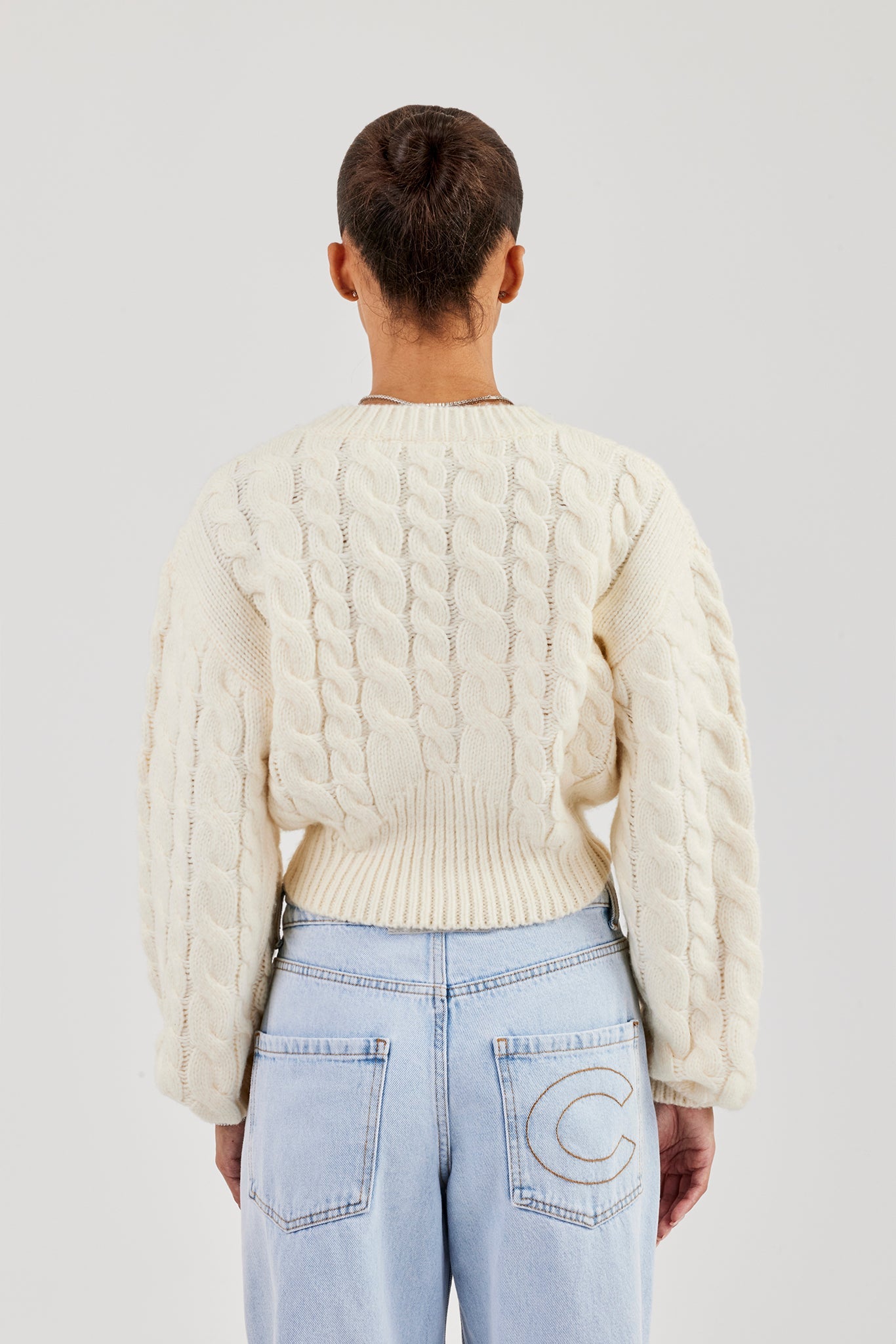Cable Knit V Neck Cardigan - Oatmeal