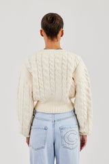 Cable Knit V Neck Cardigan - Oatmeal